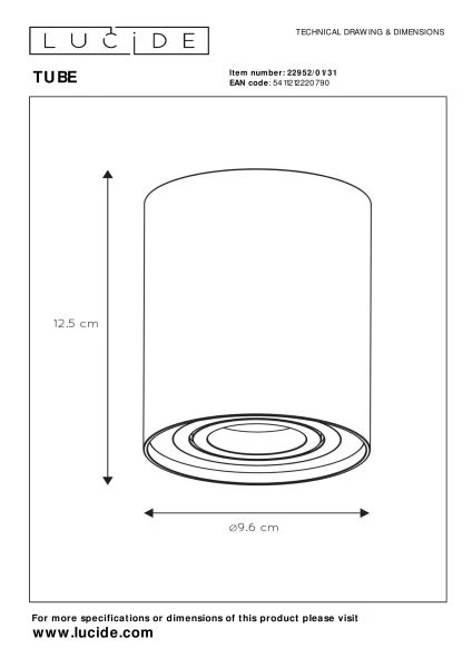 Lucide TUBE - Ceiling spotlight - Ø 9,6 cm - 1xGU10 - White - technical